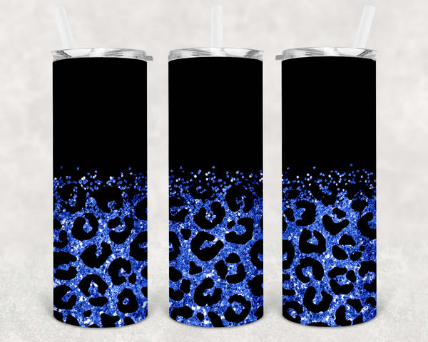 Skinny Tumbler Sublimation Wrap - Matte Black and Blue Glitter Leopard