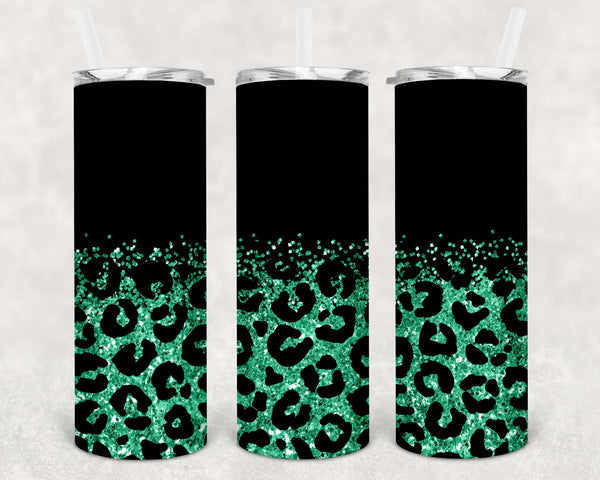 Skinny Tumbler Sublimation Wrap - Matte Black and Emerald Green Glitter Leopard