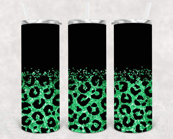 Skinny Tumbler Sublimation Wrap - Matte Black and Green Glitter Leopard