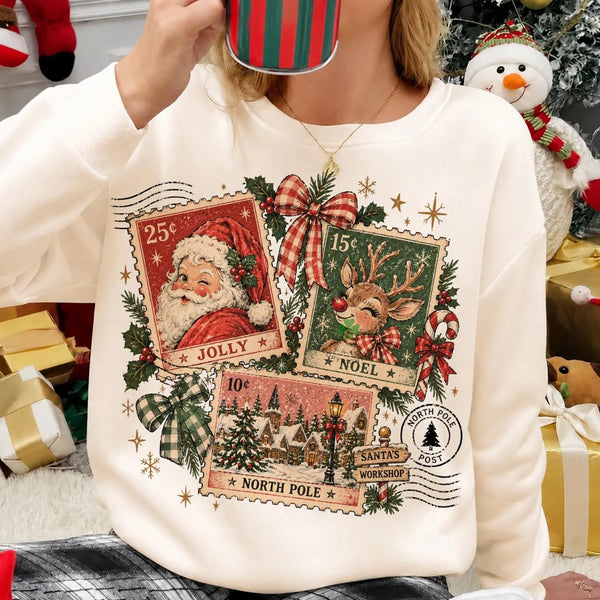 DTF Full Color Tshirt Transfer - Nostalgic Christmas Stamps (White or Black Font - You Pick!)