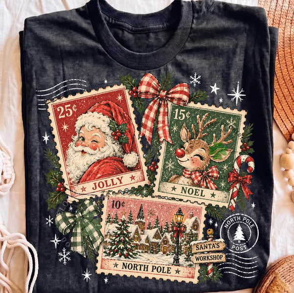 DTF Full Color Tshirt Transfer - Nostalgic Christmas Stamps (White or Black Font - You Pick!)