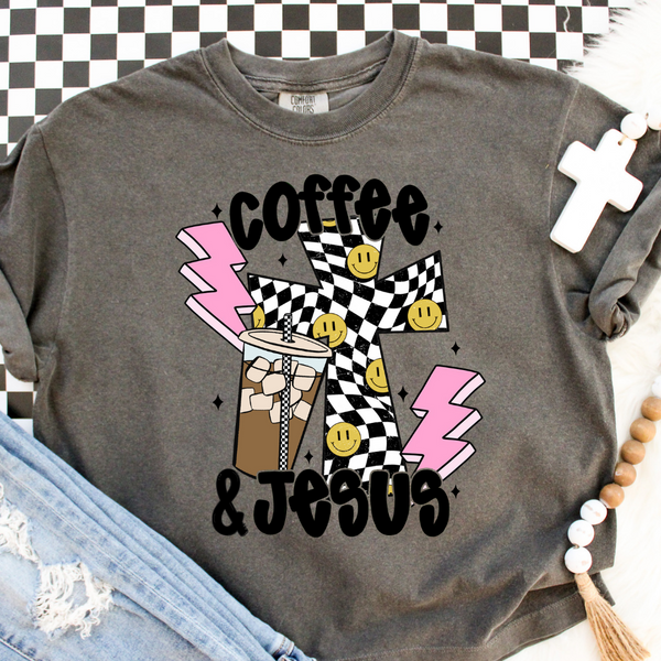 DTF Full Color TShirt Transfer - Coffee & Jesus Check Cross (Choose White or Black Ink!)