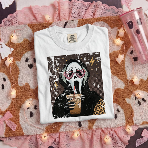DTF Full Color Tshirt Transfer - Ghost With Iced Coffee - Clean or Distressed