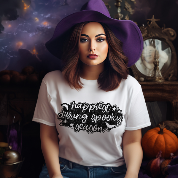 DTF Full Color TShirt Transfer - Happiest During Spooky Season (Black or White)