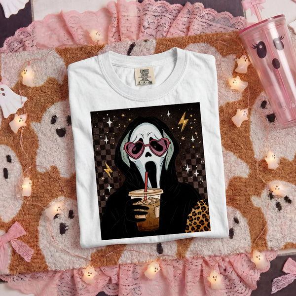 DTF Full Color Tshirt Transfer - Ghost With Iced Coffee - Clean or Distressed