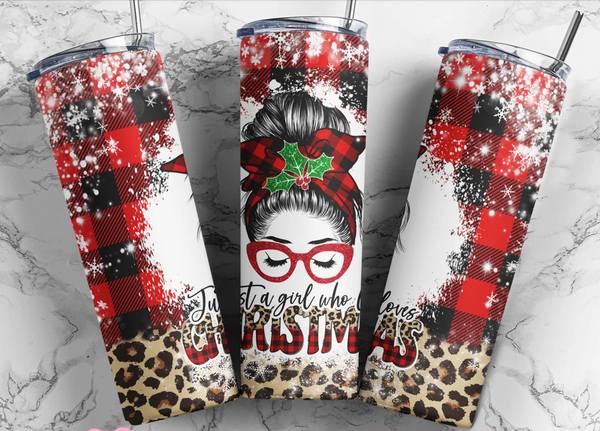 Skinny Tumbler Sublimation Wrap - Just A Girl Who Loves Christmas Leopard