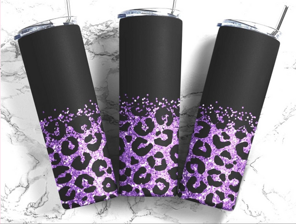 Skinny Tumbler Sublimation Wrap - Matte Black and Purple Glitter Leopard