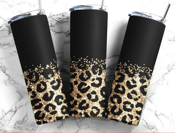 Skinny Tumbler Sublimation Wrap - Matte Black and Gold Glitter Leopard