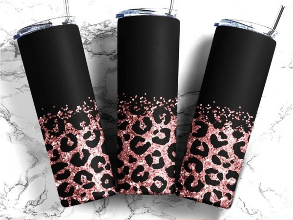 Skinny Tumbler Sublimation Wrap - Matte Black and Light Pink/Rose Gold Glitter Leopard