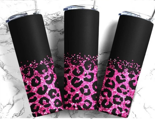 Skinny Tumbler Sublimation Wrap - Matte Black and Hot Pink Glitter Leopard