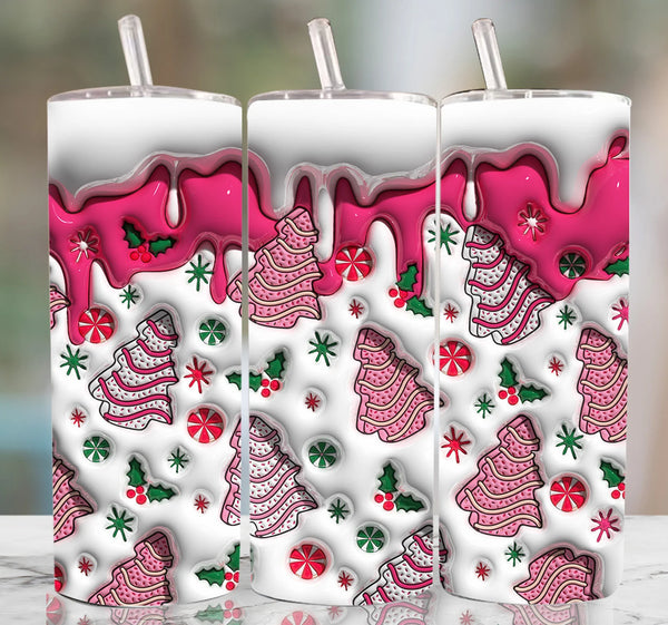 Skinny Tumbler Sublimation Wrap - Christmas Tree Cakes Pink Inflated